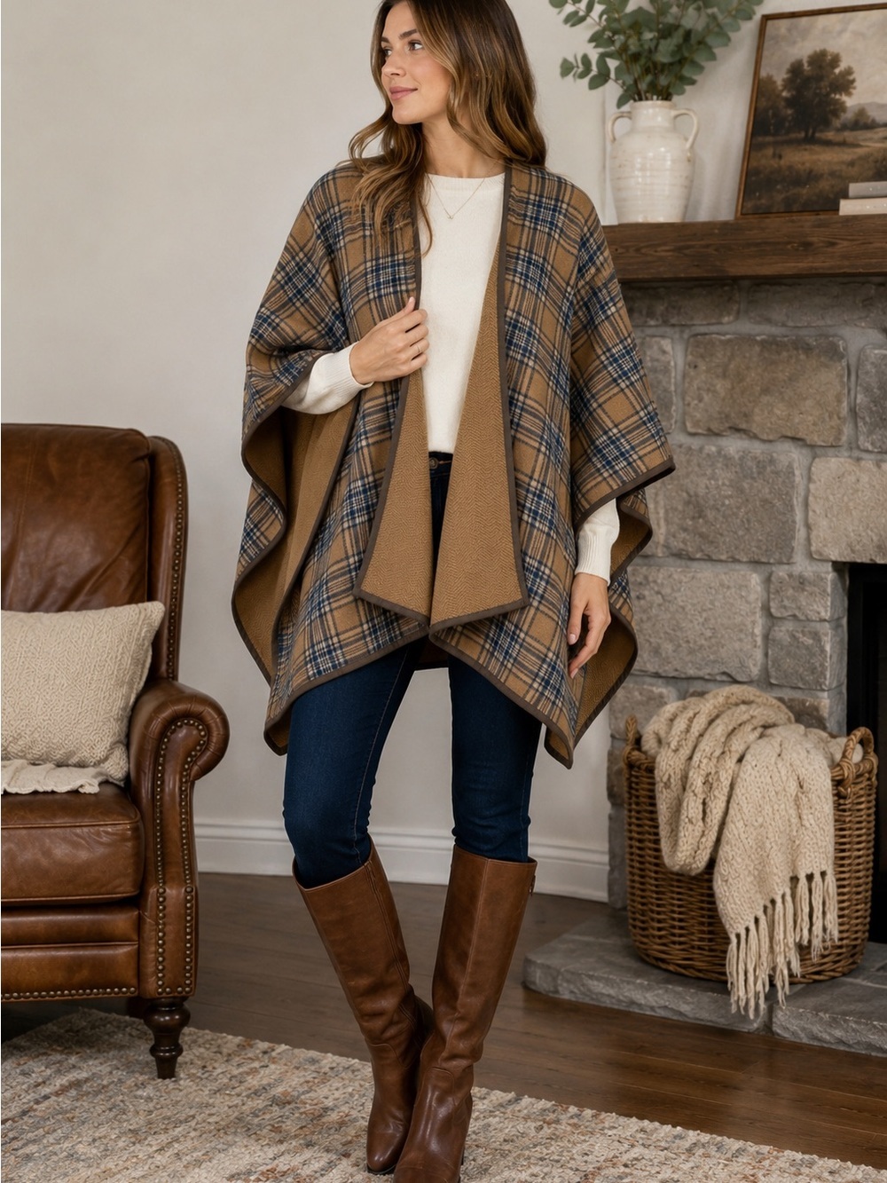 Pendleton reversible merino wool Ruana cape wrap Carmel plaid OS quit luxury